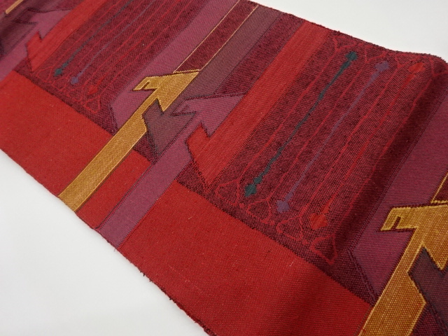 リサイクル　手織り真綿紬横段に幾何学模様織出し名古屋帯